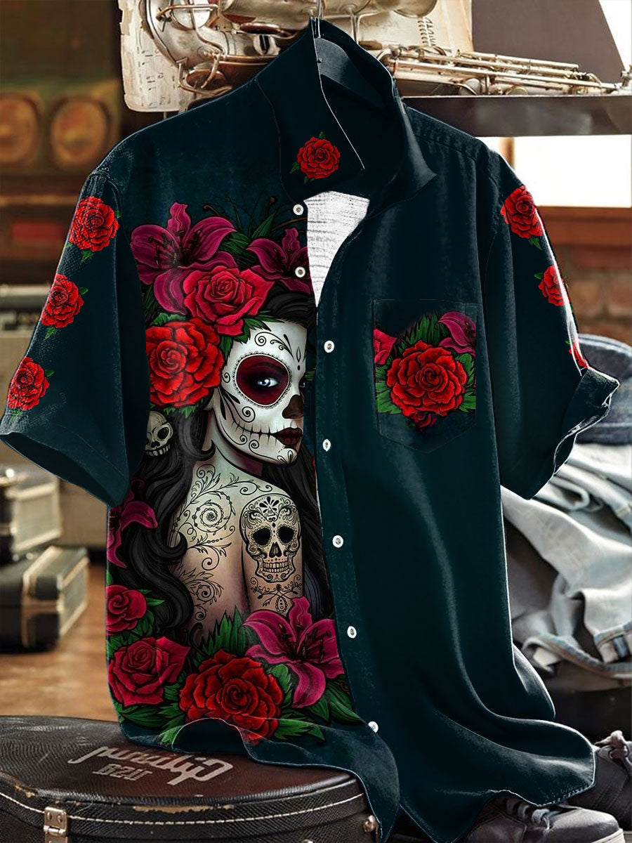 Hombres Mexican Fiesta Cinco De Mayo Skull Floral Art Impreso Camisa