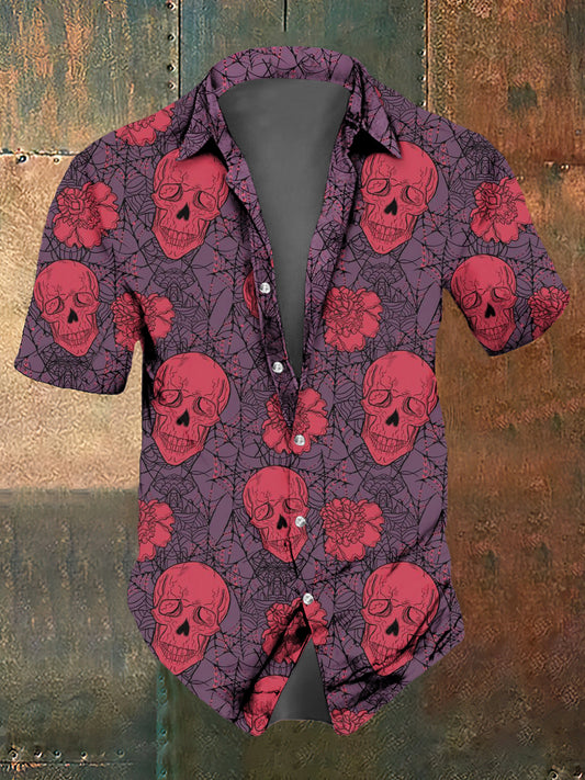 Camisa de manga corta casual con estampado de cráneo abstracto para hombre
