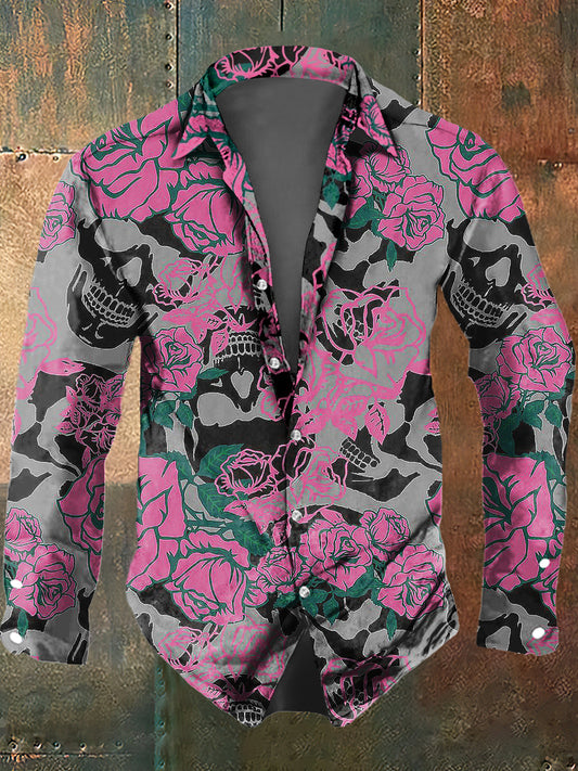 Hombres Psychedelic Flower Skull Print Casual Camisa de manga larga