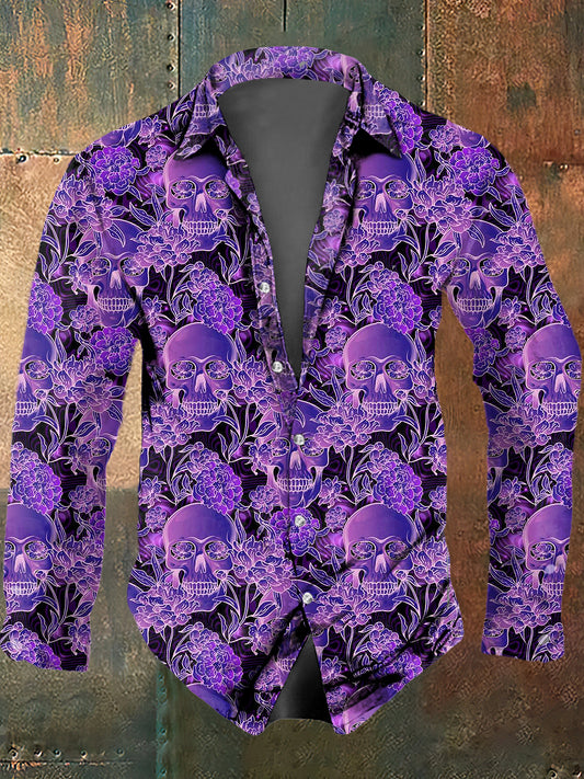 Hombres Psychedelic Flower Skull Print Casual Camisa de manga larga
