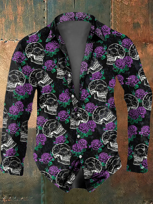 Hombres Psychedelic Flower Skull Print Casual Camisa de manga larga