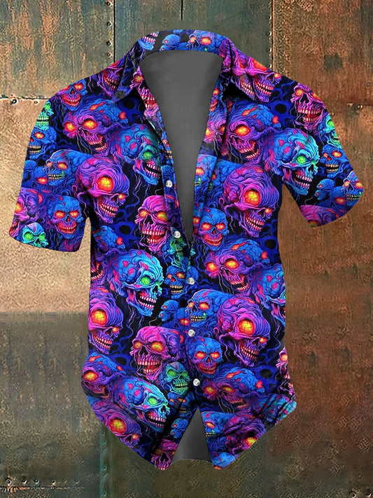 Camisa de manga corta casual con estampado de cráneo psicodélico abstracto para hombre
