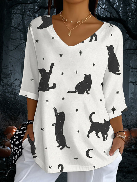 Mujer Gato Estampado Casual Media Manga Top