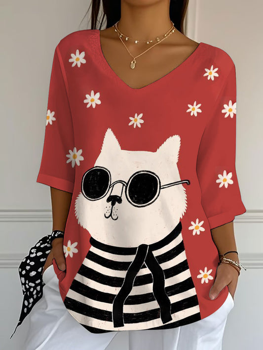 Mujer Gato Estampado Casual Media Manga Top