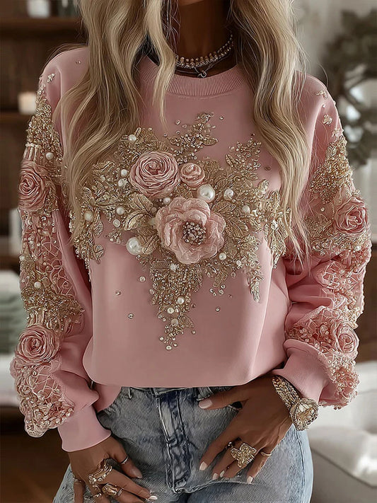 Sudadera casual con estampado floral rosa para mujer