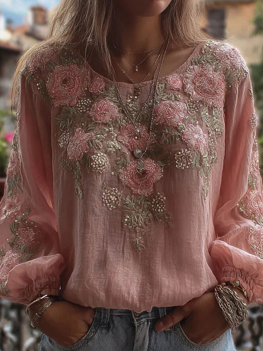 Camiseta casual con estampado floral rosa para mujer