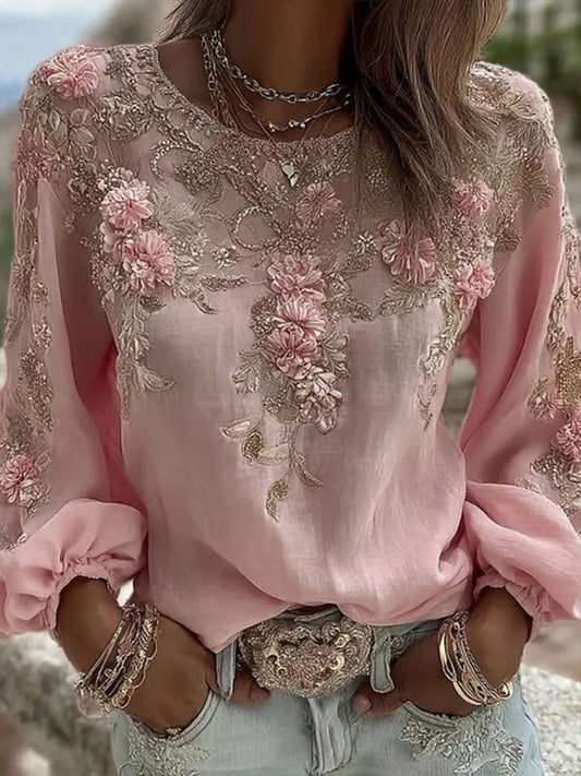 Camiseta casual con estampado floral rosa para mujer