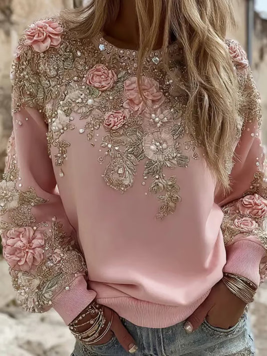 Sudadera casual con estampado floral rosa para mujer