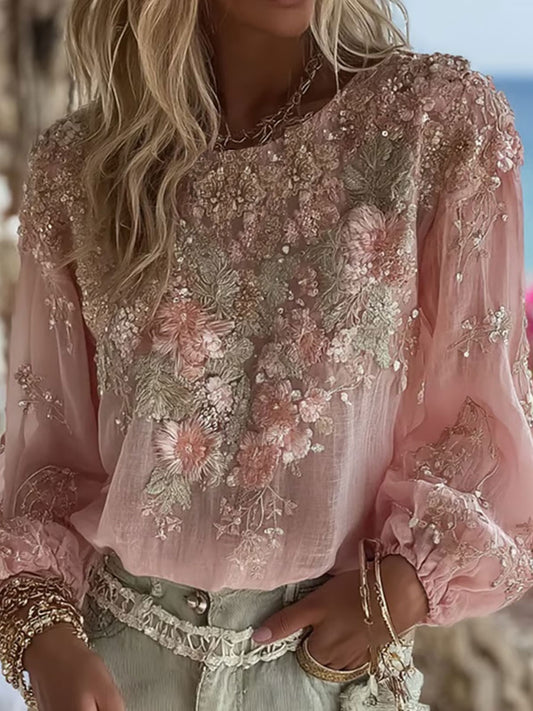 Camiseta casual con estampado floral rosa para mujer