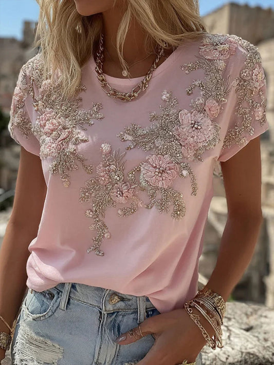 Camiseta casual con estampado floral rosa para mujer