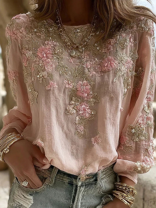 Camiseta casual con estampado floral rosa para mujer