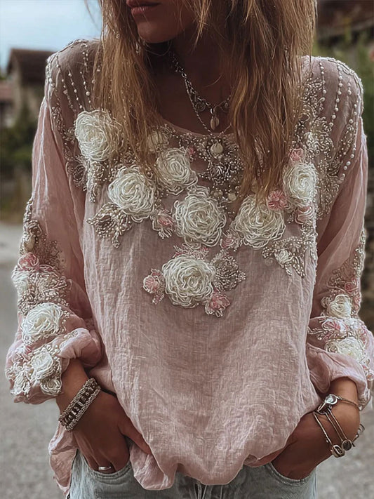 Camiseta casual con estampado floral rosa para mujer