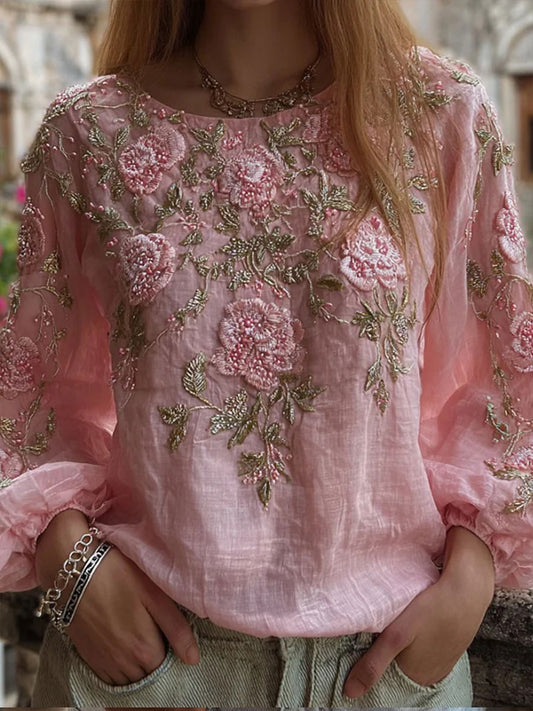 Camiseta casual con estampado floral rosa para mujer