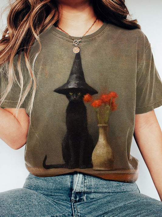 Camiseta vintage con estampado de gato negro de Halloween para mujer