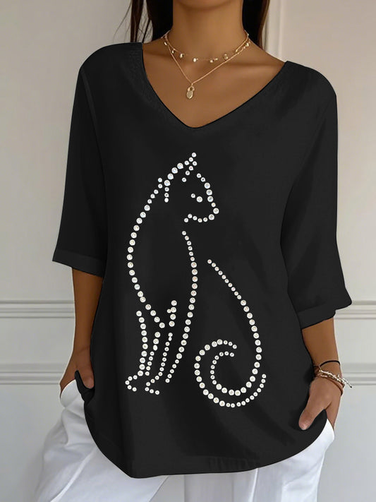 Camiseta con cuello en V para mujer Rhinestone Art Cat Pattern