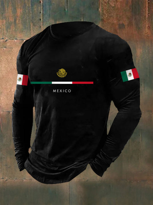 Camiseta casual de manga larga con estampado de bandera mexicana para hombre