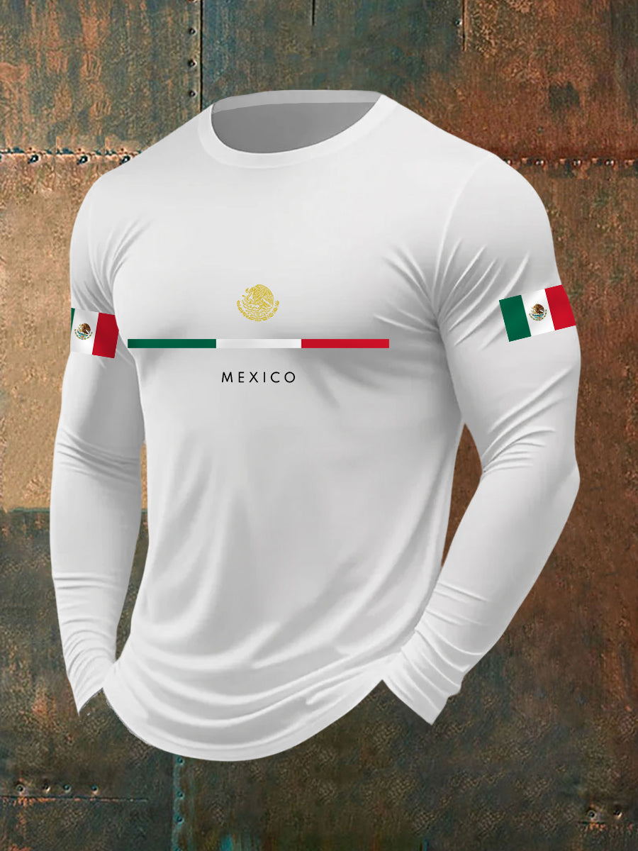 Camiseta casual de manga larga con estampado de bandera mexicana para hombre