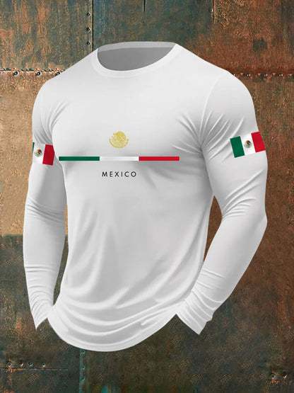 Camiseta casual de manga larga con estampado de bandera mexicana para hombre