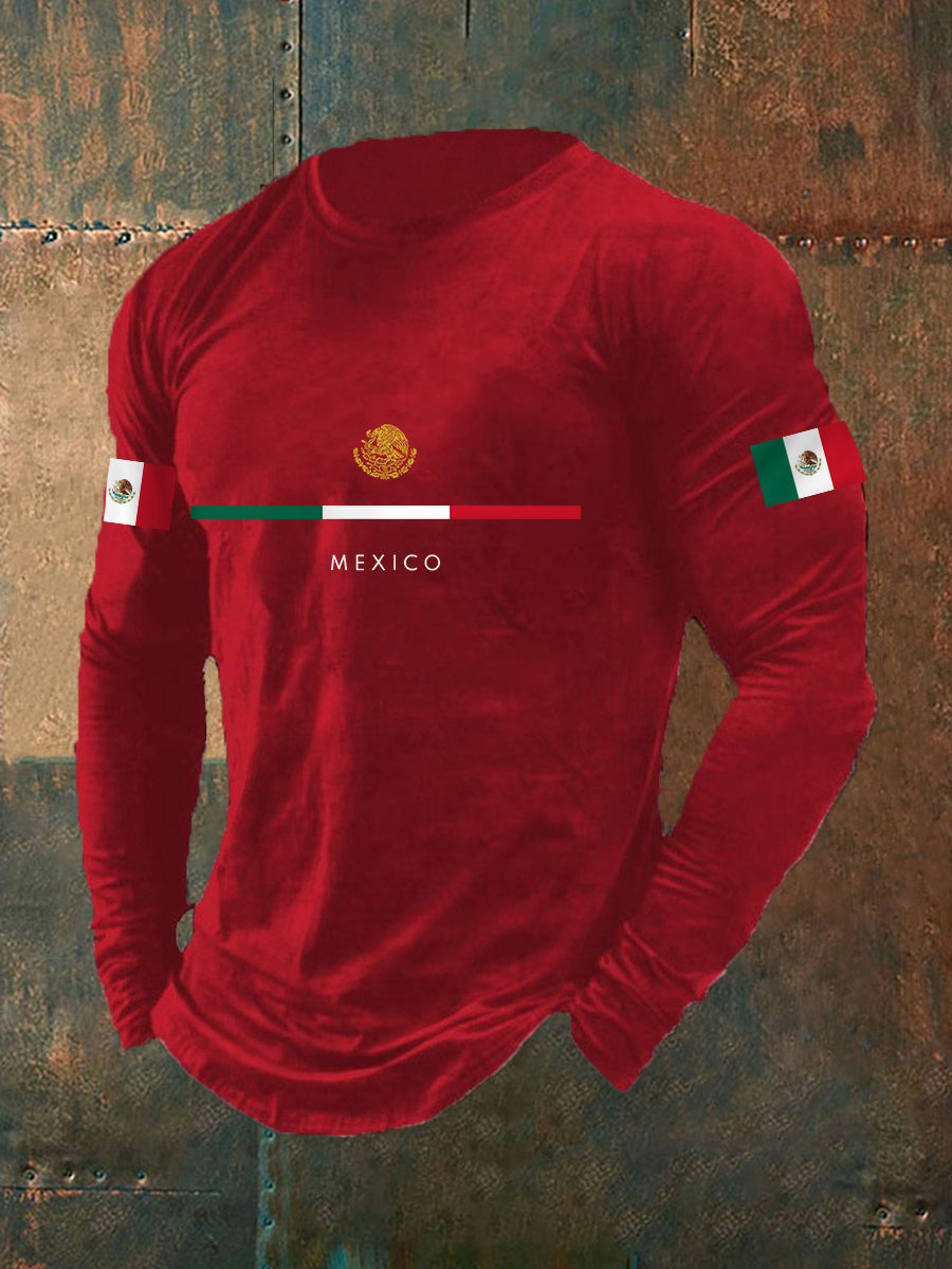 Camiseta casual de manga larga con estampado de bandera mexicana para hombre