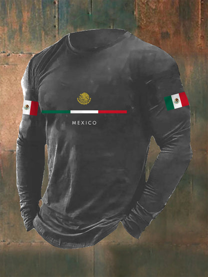 Camiseta casual de manga larga con estampado de bandera mexicana para hombre