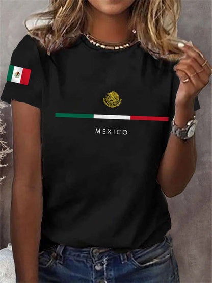 Camiseta casual con estampado de bandera mexicana para mujer