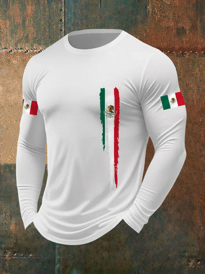 Camiseta de manga larga casual con estampado de bandera mexicana para hombre