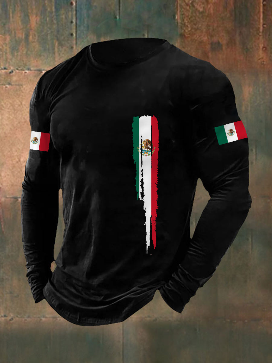 Camiseta de manga larga casual con estampado de bandera mexicana para hombre