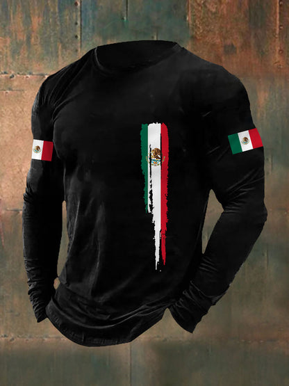 Camiseta de manga larga casual con estampado de bandera mexicana para hombre