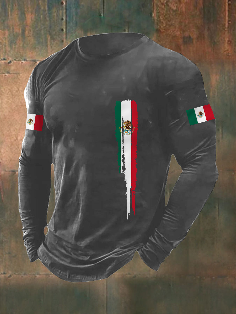 Camiseta de manga larga casual con estampado de bandera mexicana para hombre