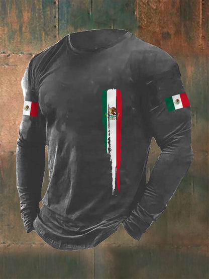 Camiseta de manga larga casual con estampado de bandera mexicana para hombre