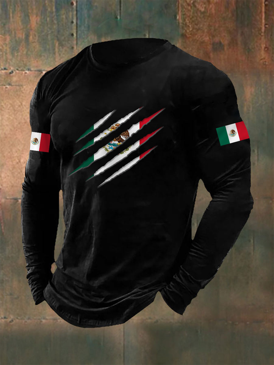 Camiseta casual de manga larga con estampado de bandera mexicana para hombre