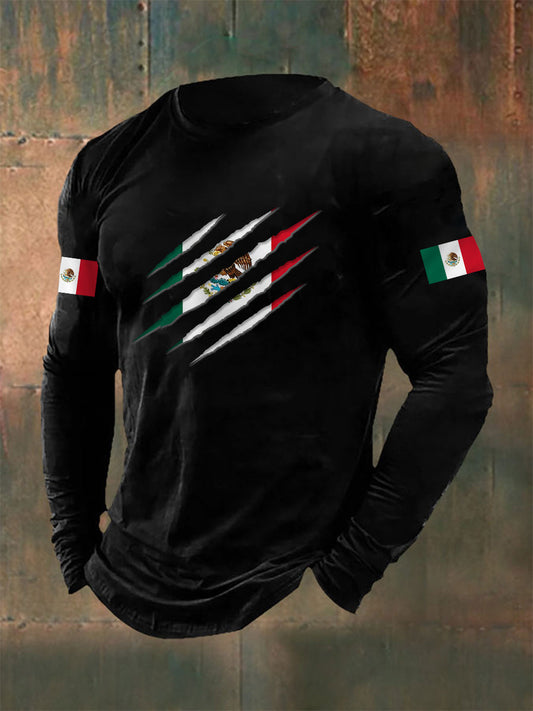 Camiseta casual de manga larga con estampado de bandera mexicana para hombre