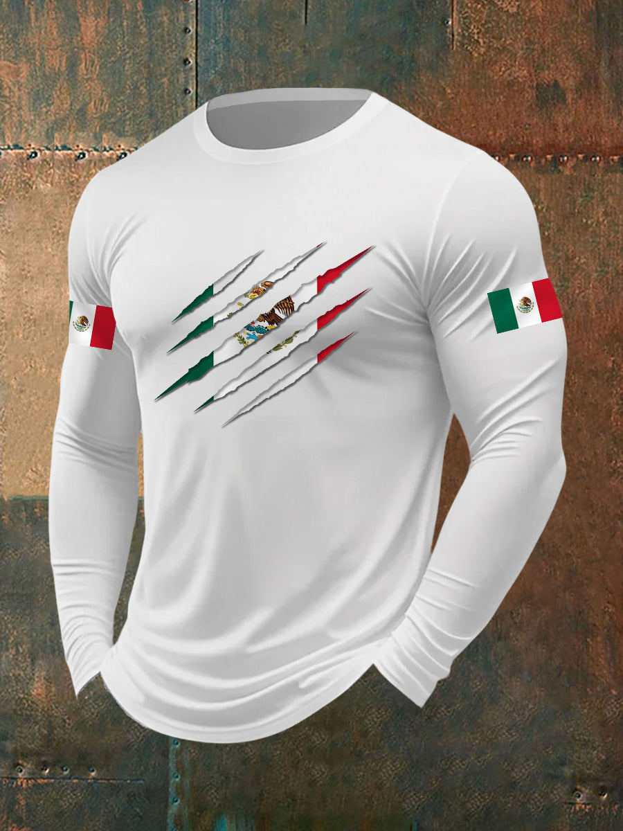 Camiseta casual de manga larga con estampado de bandera mexicana para hombre