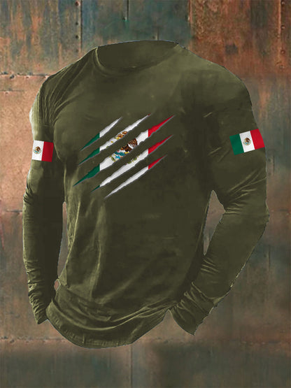 Camiseta casual de manga larga con estampado de bandera mexicana para hombre