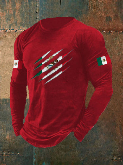 Camiseta casual de manga larga con estampado de bandera mexicana para hombre