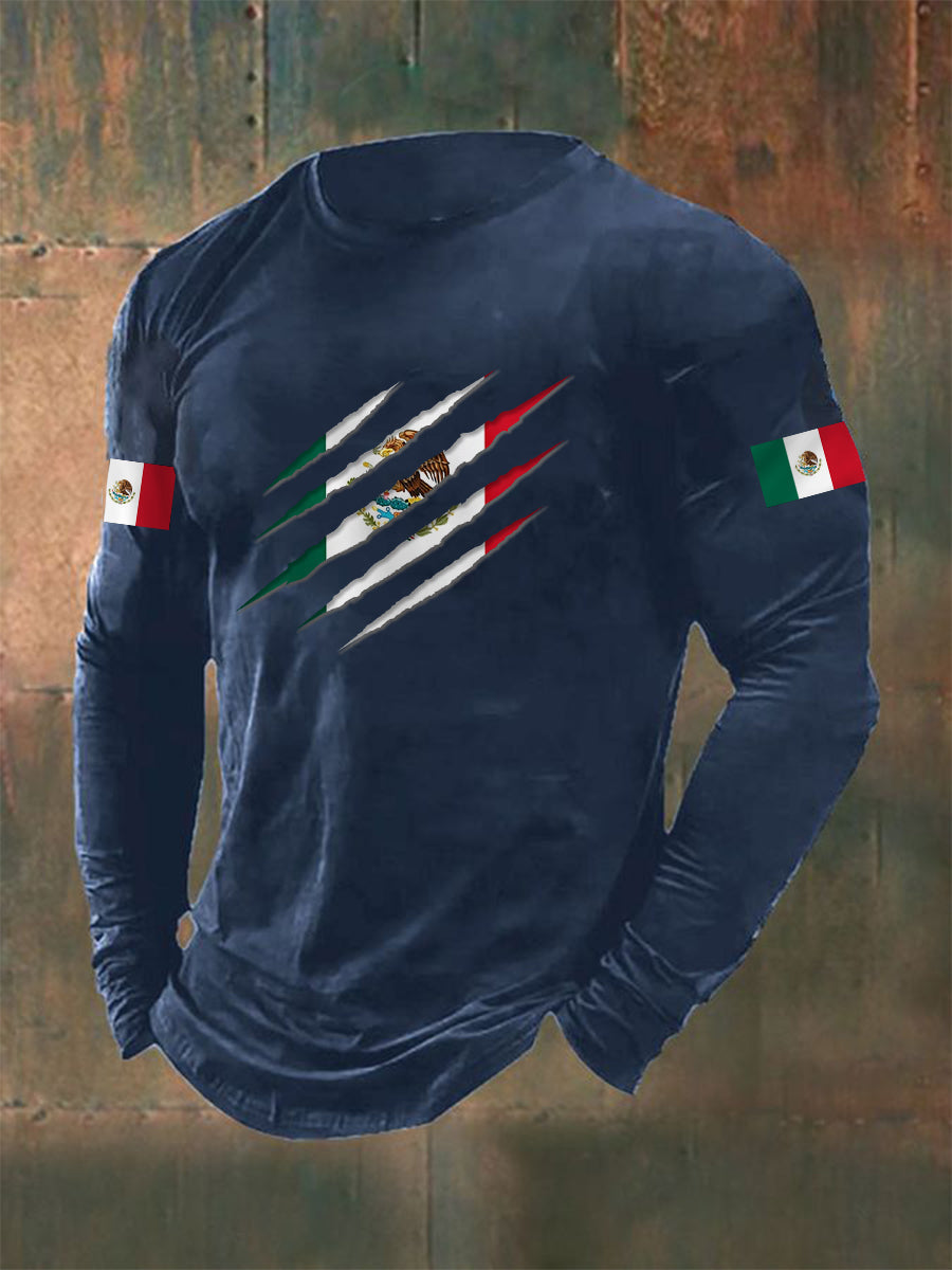 Camiseta casual de manga larga con estampado de bandera mexicana para hombre
