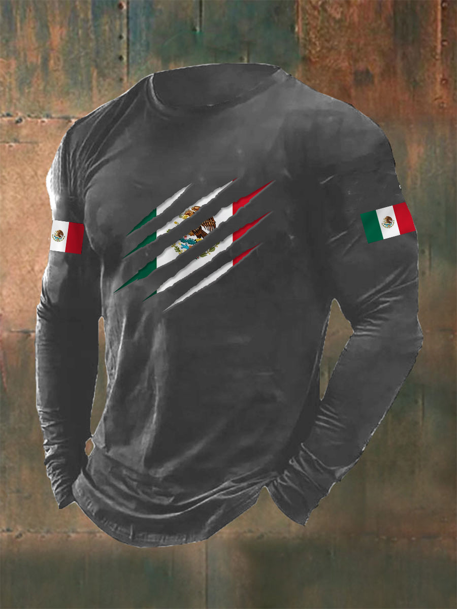 Camiseta casual de manga larga con estampado de bandera mexicana para hombre