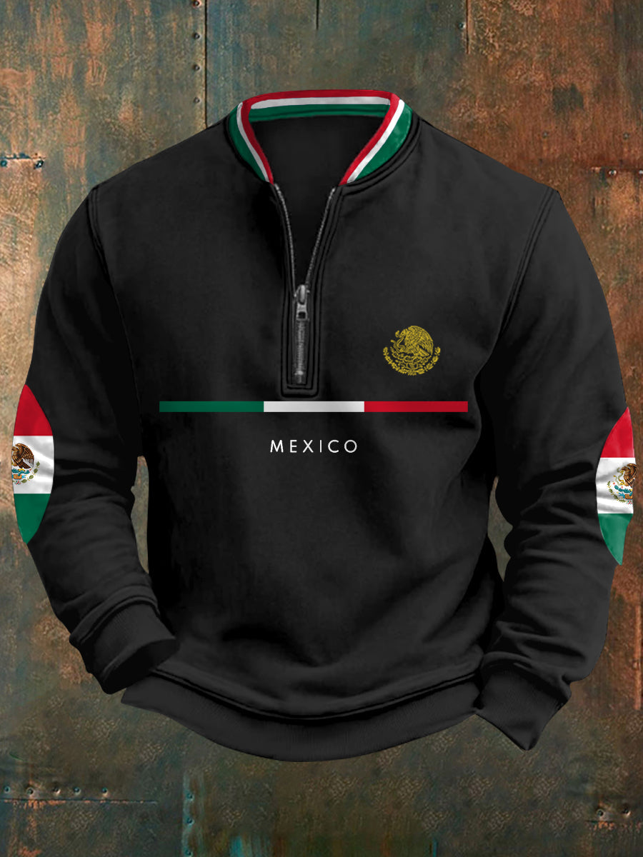 Sudadera con cremallera casual con estampado de bandera mexicana para hombres