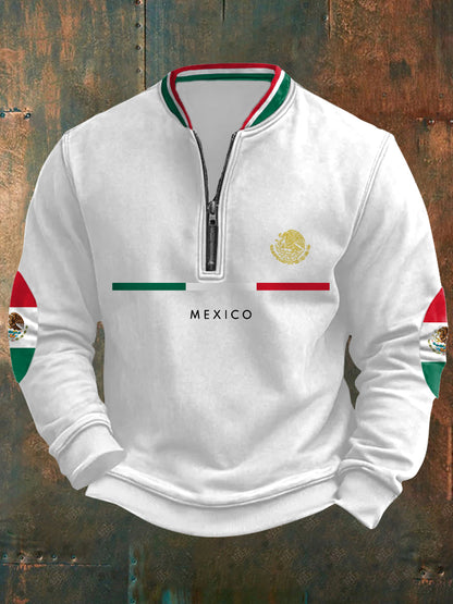 Sudadera con cremallera casual con estampado de bandera mexicana para hombres