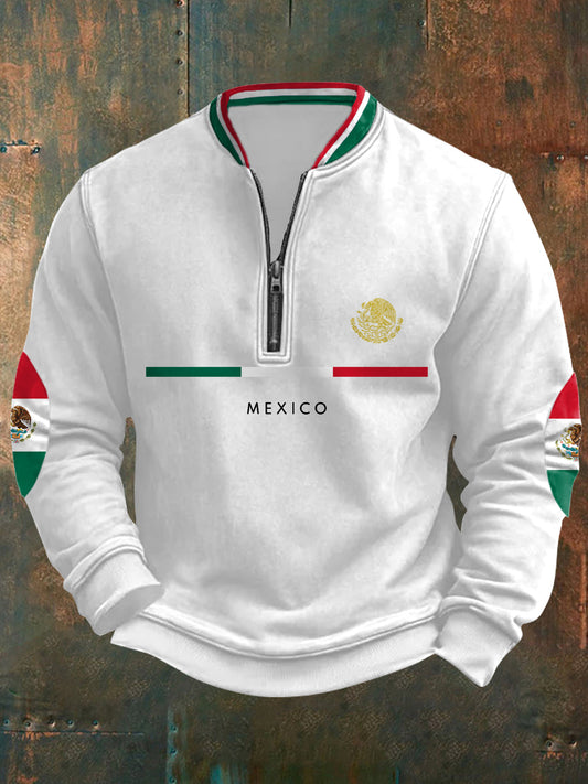 Sudadera con cremallera casual con estampado de bandera mexicana para hombres