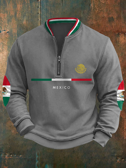 Sudadera con cremallera casual con estampado de bandera mexicana para hombres