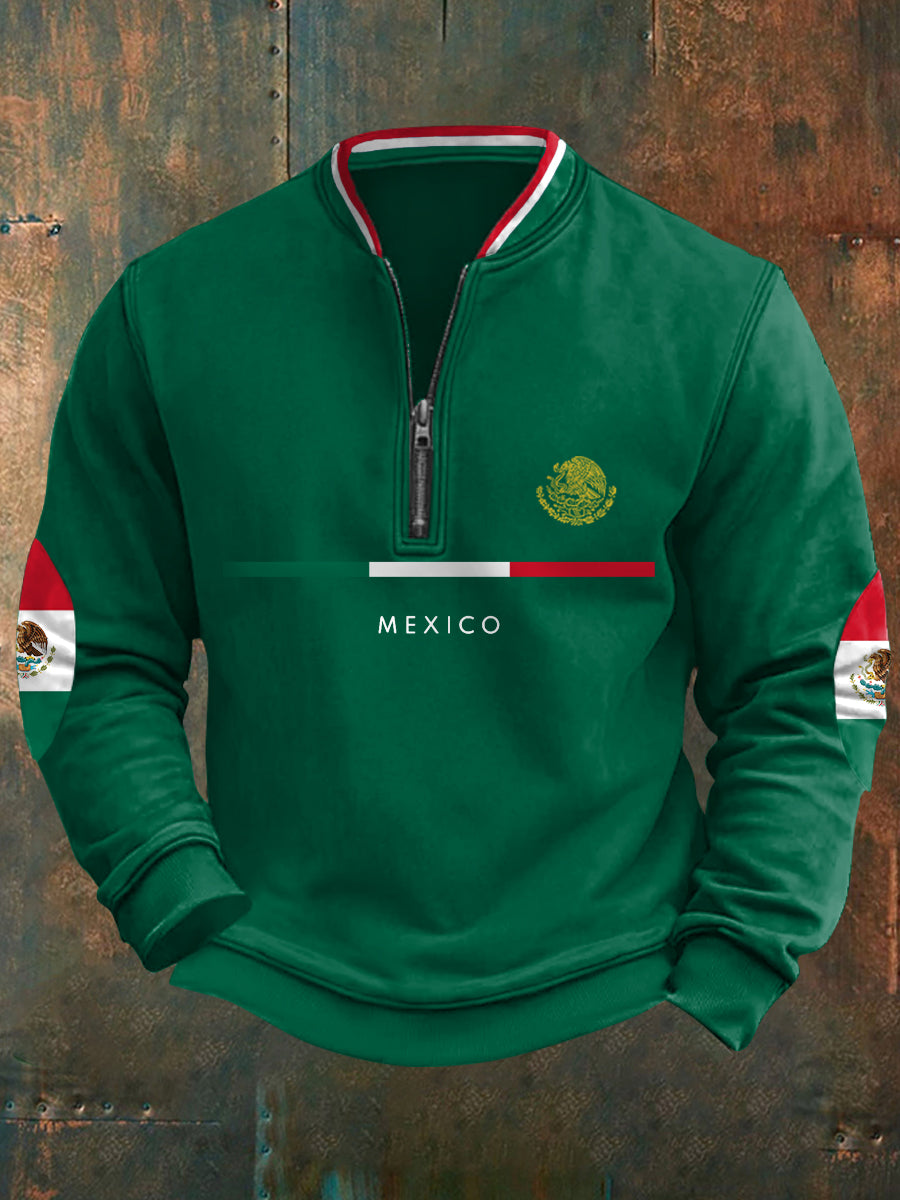 Sudadera con cremallera casual con estampado de bandera mexicana para hombres