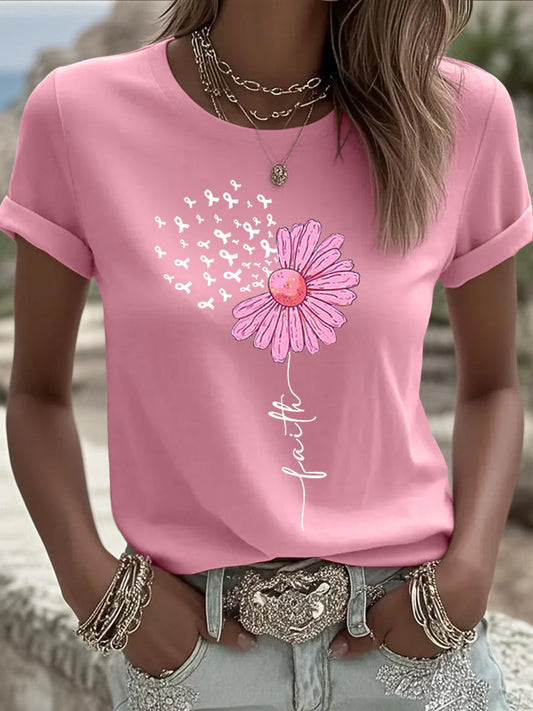Camiseta de apoyo de concienciación sobre el cáncer de mama con estampado de girasol de cinta rosa para mujer
