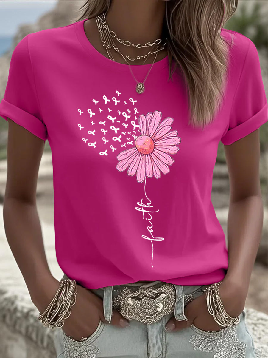 Camiseta de apoyo de concienciación sobre el cáncer de mama con estampado de girasol de cinta rosa para mujer