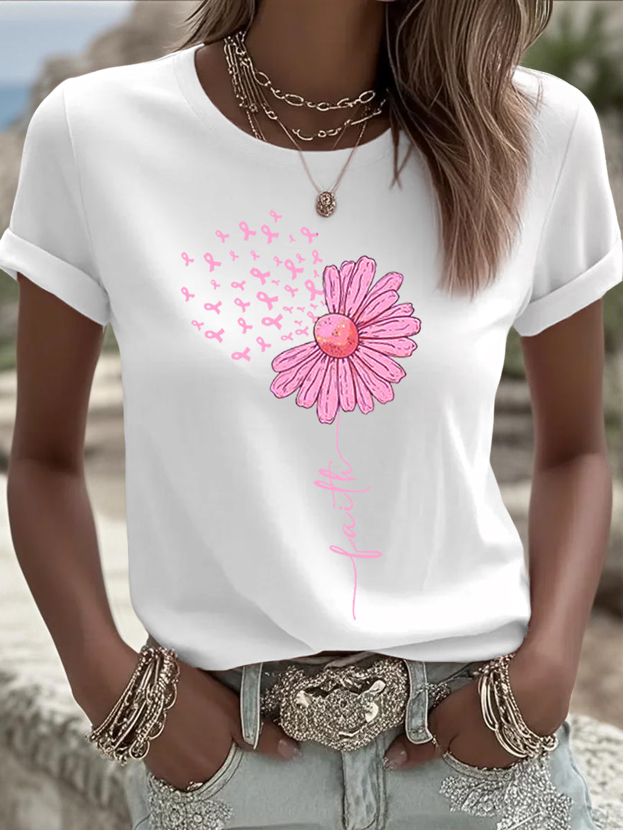 Camiseta de apoyo de concienciación sobre el cáncer de mama con estampado de girasol de cinta rosa para mujer