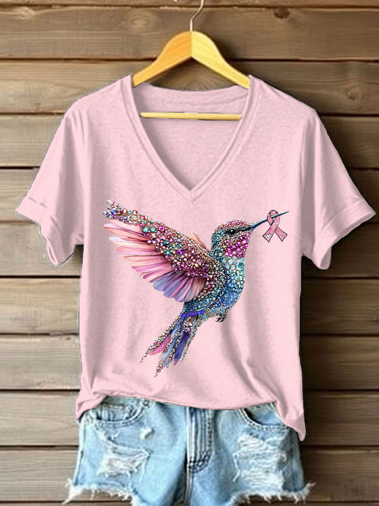 Camiseta casual con estampado de colibrí rosa para mujer