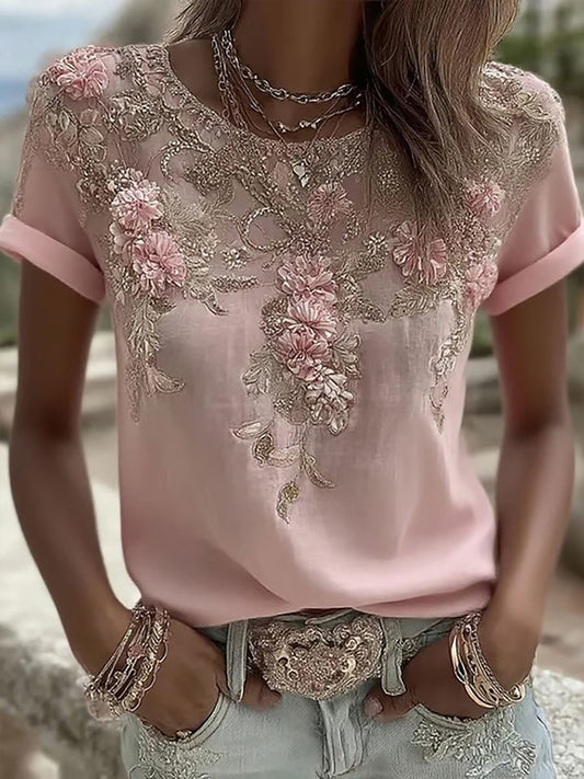 Camiseta casual con estampado de arte rosa retro para mujer