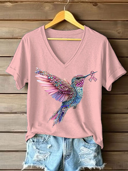 Camiseta casual con estampado de colibrí rosa para mujer