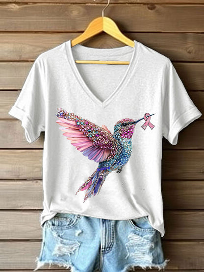 Camiseta casual con estampado de colibrí rosa para mujer