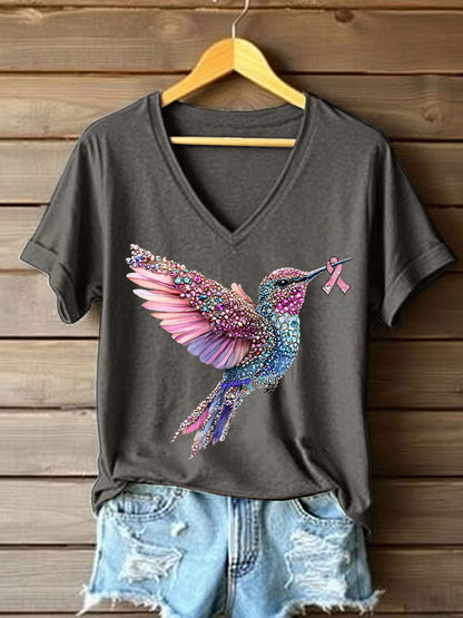 Camiseta casual con estampado de colibrí rosa para mujer